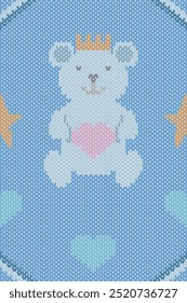 Ikat happy bear with crown prince and heart shape geometric knitting pattern. Perfect decorative cross stitch embroidery elements design for wallpaper, fabric, background, illustration, decoration