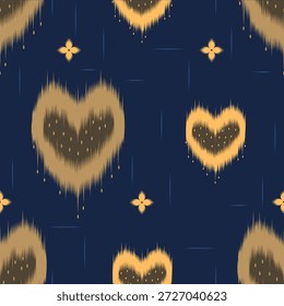 Ikat heart pattern seamless background. Traditional ethnic style with modern heart shapes in gold and navy blue colors.