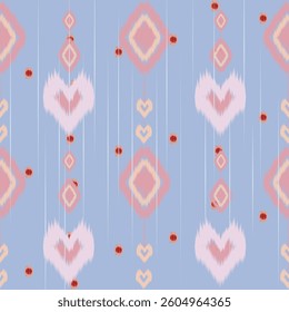 Ikat Heart shaped pattern pastel colors. Ethnic abstract ikat art. Seamless pattern in tribal, folk embroidery, and Mexican style. Aztec geometric art ornament print. Design for texture, fabric, Decor