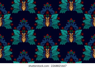 Ikat India ethnic seamless pattern decoration design. Aztec fabric boho mandalas textile wallpaper. Tribal carpet rug native motif African American Indian traditional embroidery vector background 