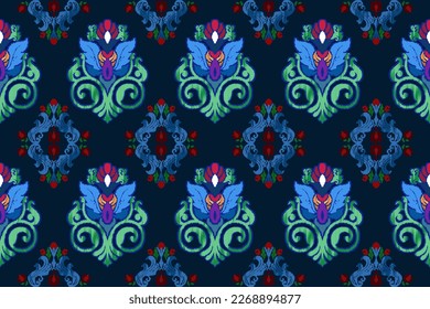 Ikat India diseño de decoración de patrones sin fisuras de la etnia. Tela azteca mandalas papel de pared textil. Alfombra tribal alfombra motivo nativo de origen africano americano indio tradicional bordado fondo vectorial 