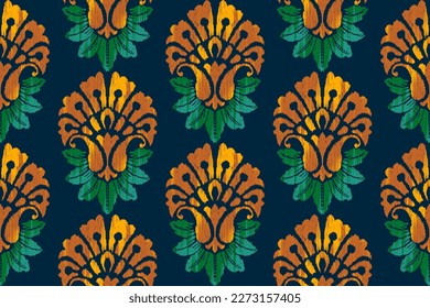 Ikat India ethnic seamless pattern design. Aztec fabric boho mandalas textile wallpaper. Tribal native motif carpet African American Indian traditional embroidery vector background 