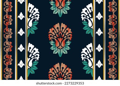 Ikat India ethnic seamless pattern design. Aztec fabric boho mandalas textile wallpaper. Tribal native motif carpet African American Indian traditional embroidery vector background 
