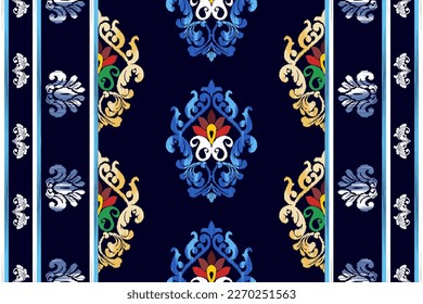 Ikat India seamless pattern decoration design. Aztec fabric boho mandalas textile rococo wallpaper. Tribal native motif carpet rug Africa American Indian traditional embroidery vector background 