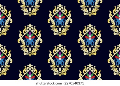 Ikat India seamless pattern decoration design. Aztec fabric boho mandalas textile rococo wallpaper. Tribal native motif carpet rug Africa American Indian traditional embroidery vector background 