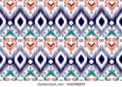 Ikat Indian seamless pattern design. Ethnic, Indian, fabric, Aztec, boho, carpet, native, tribal, African, American textile decoration. Mandala texture vector illustrations background.