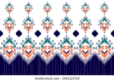 Ikat Indian seamless pattern design. Ethnic, Indian, fabric, Aztec, boho, carpet, native, tribal, African, American textile decoration. Mandala texture vector illustrations background.