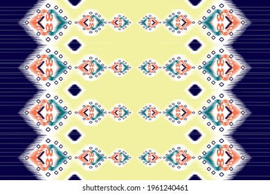 Ikat Indian seamless pattern design. Ethnic, Indian, fabric, Aztec, boho, carpet, native, tribal, African, American textile decoration. Mandala texture vector illustrations background.