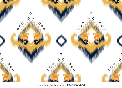 Ikat Indian seamless pattern design. Ethnic, Indian, fabric, Aztec, boho, carpet, native, tribal, African, American textile decoration. Mandala texture vector illustrations background.