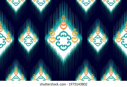 Ikat Indian tribal seamless pattern design. Aztec fabric carpet mandala ornament native boho chevron textile decoration wallpaper. Geometric texture vector illustrations background.