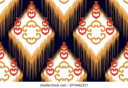 Ikat Indian tribal seamless pattern design. Aztec fabric carpet mandala ornament native boho chevron textile decoration wallpaper. Geometric texture vector illustrations background.