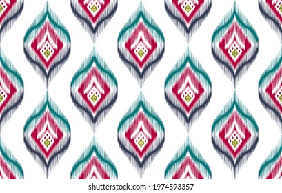 Ikat Indian tribal seamless pattern design. Ethnic Aztec fabric carpet mandala ornament native boho chevron textile decoration wallpaper. Geometric African American vector illustrations background.