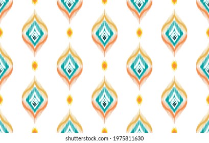 Ikat Indian tribal seamless pattern design. Ethnic Aztec fabric carpet mandala ornament native boho chevron textile decoration wallpaper. Geometric African American vector illustrations background.