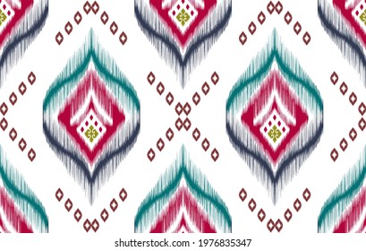 Ikat Indian tribal seamless pattern design. Ethnic Aztec fabric carpet mandala ornament native boho chevron textile decoration wallpaper. Geometric African American vector illustrations background.