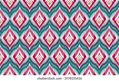 Ikat Indian tribal seamless pattern design. Ethnic Aztec fabric carpet mandala ornament native boho chevron textile decoration wallpaper. Geometric African American vector illustrations background.