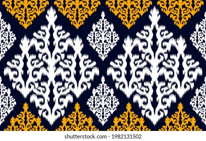 Ikat Indian tribal seamless pattern design. Ethnic Aztec fabric carpet mandala ornament native boho chevron textile decoration wallpaper. Geometric African American vector illustrations background.