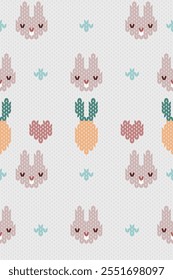 Ikat knitted cute bunny with heart and tiny carrot on white wool background seamless pattern. Perfect geometry knitting decor design for fabric, wallpaper, interior, texture, embroidery, ornament 