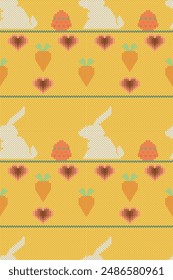 Ikat knitted pattern. White rabbit with carrot ester egg painting and mini heart seamless knitting pattern design for fabric, cross stitch, sweater, knit wear, texture, textile, cloth, fashion, winter