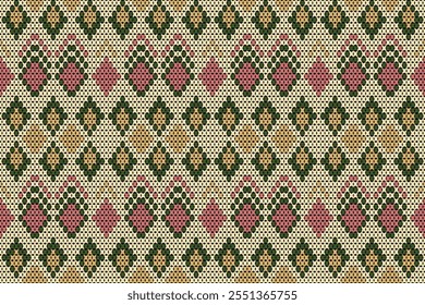 Ikat Knitted Seamless, Pattern knitted, Winter Holiday Seamless Knitted Pattern , Soft rhombus argyle knitting texture geometric vector seamless. Jacquard knit effect ornament. Scandinavian style