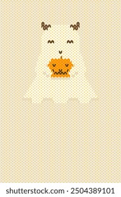 Ikat knitting pumpkin monster character Halloween cross stitch style bat gravestone mushroom and maple leaf element decoration design for fabric, knit wear, embroidery, ornament, textile, wallpaper