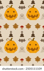 Ikat knitting pumpkin monster character Halloween cross stitch style bat gravestone mushroom and maple leaf element decoration design for fabric, knit wear, embroidery, ornament, textile, wallpaper