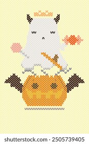 Ikat knitting pumpkin monster character Halloween cross stitch style bat gravestone mushroom and maple leaf element decoration design for fabric, knit wear, embroidery, ornament, textile, wallpaper