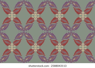 Ikat leaves vintage design embroidary seamless pattern on background vector illustration.Ikat ethnic oriental embroidery traditional.Indian Ikat pattern Aztec style retro. design for texture,fabric.