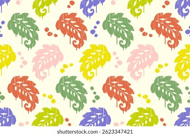 Ikat leaves vintage design embroidary seamless pattern on background vector illustration.Ikat ethnic oriental embroidery traditional.Indian Ikat pattern Aztec style retro. design for texture,fabric.