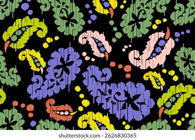 Ikat leaves vintage design embroidary seamless pattern on background vector illustration.Ikat ethnic oriental embroidery traditional.Indian Ikat pattern Aztec style retro. design for texture,fabric.
