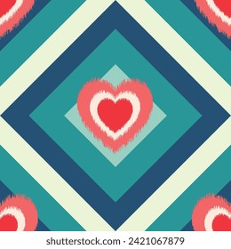 Ikat love heart seamless pattern illustration. Cute romantic pink hearts background print. Valentine's day holiday backdrop texture, romantic wedding design.