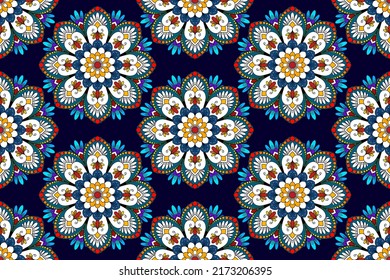 Ikat mandala ethnic textile seamless pattern design. Aztec fabric carpet ornaments textile decorations wallpaper. Tribal boho native motif turkey textile traditional embroidery vector background 