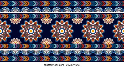 Ikat mandala ethnic textile seamless pattern design. Aztec fabric carpet ornaments textile decorations wallpaper. Tribal boho native motif turkey textile traditional embroidery vector background 