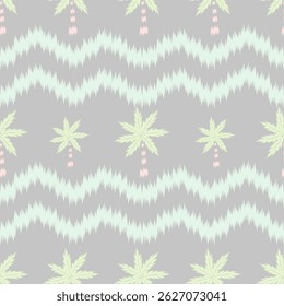Ikat Minimal Pastel Palm Tree. Ikat Seamless Pattern on Soft Grey Background. Palms tree, Boho Vintage. Abstract hand drawn elements.Tropical Summer Decor. Hawaii Wallpaper for Textile Design.