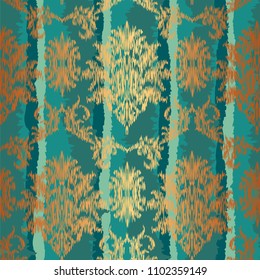 Ikat Ogee and Damascus ornament Seamless Background Pattern In the style of the Tapestry. Abstract background for textile design, wallpaper, surface textures. vector