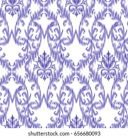 Ikat Ogee and Damascus ornament Seamless Background Pattern In the style of the Tapestry. Abstract background for textile design, wallpaper, surface textures