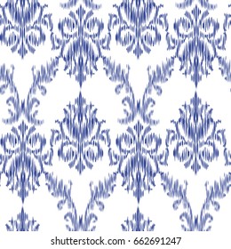 Ikat Ogee and Damascus ornament Seamless Background Pattern In the style of the Tapestry. Abstract background for textile design, wallpaper, surface textures