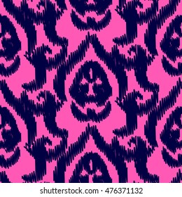 Ikat ogee damask vector seamless pattern. Damask background for fabric, print or wrapping paper. Indigo blue and fuchsia pink design.