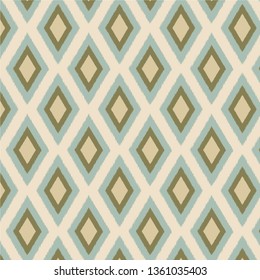Ikat ogee diamond pattern design with beige, brown and blue shades. Repeat vector pattern for textiles, fabric, interior decor, paper.