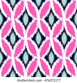 Ikat ogee rhombs vector seamless pattern. Abstract geometric background for fabric, print or wrapping paper. Indigo blue and fuchsia pink design.