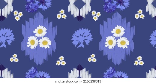 Ikat ogee seamless pattern with corn flowers and chamomile. Boho, folk vibes. 