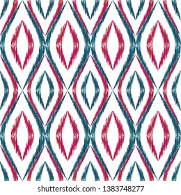 Ikat ogee seamless vector pattern illustration. Ethnic fabric print geometric ikat pattern. Cool ogee seamless repeating background. Ethnic motifs ikat textile print design. Fashion ornament.