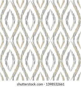 Ikat ogee seamless vector pattern design. Ethnic fabric print geometric ikat pattern. Minimal ogee seamless repeating background. Ethnic motifs ikat textile print design. Interior ornament.