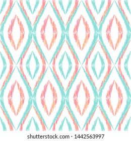 Ikat ogee seamless vector pattern design. Ethnic fabric print geometric ikat pattern. Cute ogee seamless repeating background. Tribal motifs ikat textile print design. Aztec ornament.