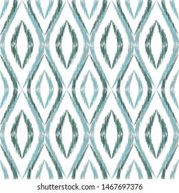 Ikat ogee seamless vector pattern illustration. Ethnic fabric print geometric ikat pattern. Cool ogee seamless repeating background. Ethnic motifs ikat textile print design. Aztec ornament.