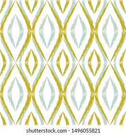 Ikat ogee seamless vector pattern design. Ethnic fabric print geometric ikat pattern. Cool ogee seamless repeating background. Ethnic motifs ikat textile print design. Pillow ornament.