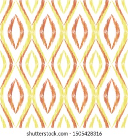 Ikat ogee seamless vector pattern design. Ethnic fabric print geometric ikat pattern. Smooth ogee seamless repeating background. Tribal motifs ikat textile print design. Fashion ornament.