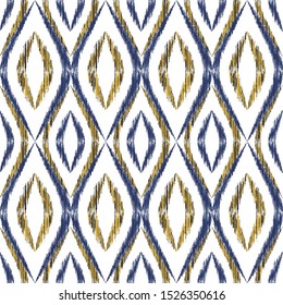 Ikat ogee seamless vector pattern illustration. Ethnic fabric print geometric ikat pattern. Minimal ogee seamless repeating background. Tribal motifs ikat textile print design. Aztec ornament.