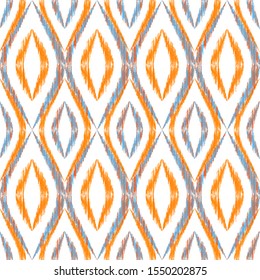 Ikat ogee seamless vector pattern design. Ethnic fabric print geometric ikat pattern. Cool ogee seamless repeating background. Ethnic motifs ikat textile print design. Indian ornament.
