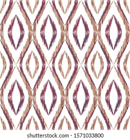 Ikat ogee seamless vector pattern illustration. Ethnic fabric print geometric ikat pattern. Smooth ogee seamless repeating background. Ethnic motifs ikat textile print design. Clothes ornament.