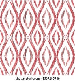Ikat ogee seamless vector pattern design. Ethnic fabric print geometric ikat pattern. Cute ogee seamless repeating background. Ethnic motifs ikat textile print design. Clothes ornament.
